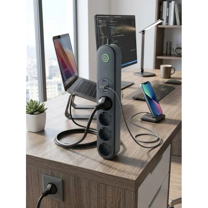 10A Akım Korumalı Uzatma Kablosu 4 Priz 3 USB Girişli 2 Metre Çoklu Priz, Termal Korumalı USB Şarjlı Priz Uzatma Kablosu, Açma Kapama Düğmeli Elektrik Prizi Çoklayıcı
