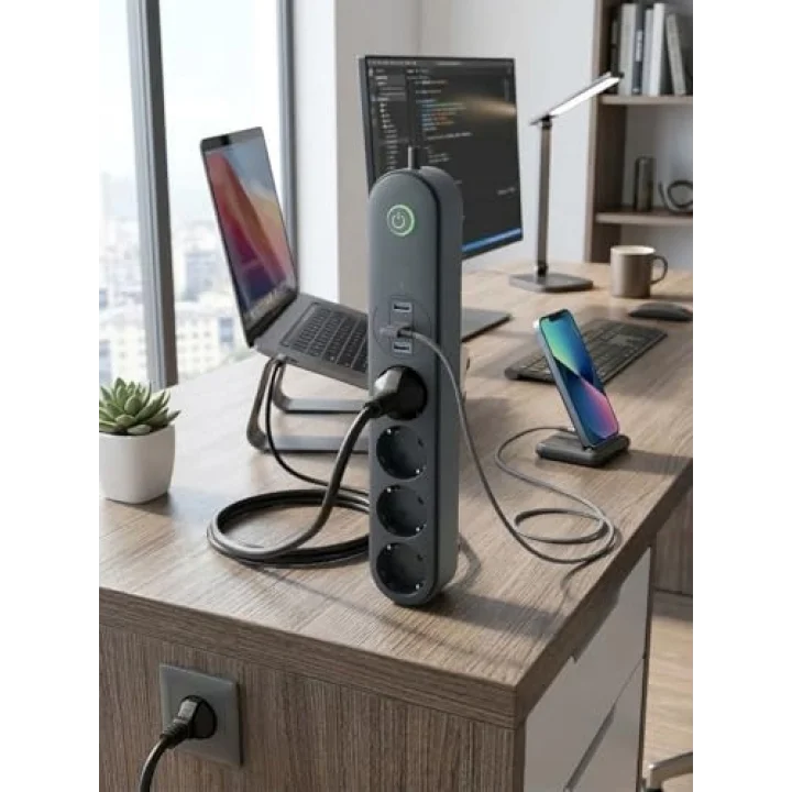 10A Akım Korumalı Uzatma Kablosu 4 Priz 3 USB Girişli 2 Metre Çoklu Priz, Termal Korumalı USB Şarjlı Priz Uzatma Kablosu, Açma Kapama Düğmeli Elektrik Prizi Çoklayıcı