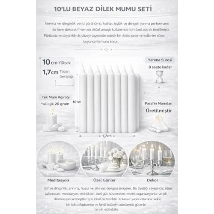 10’lu Beyaz Dilek Mumu Seti, Kaliteli ve Pürüzsüz Dış Yapılı, İçten Yanan Fitilli, Silindir Blok Tasarımlı, Dekoratif ve Ritüel Kullanımına Uygun Mumlar