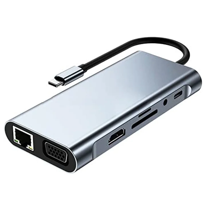 11 in 1 Type-C To USB Hub HDMI (4K),Audio/, Type-C/, 4X USB 3.0/, LAN/, VGA/, SD Card Reader Çevirici Hub 10 Port Adaptör Dönüştürücü Çoklayıcı