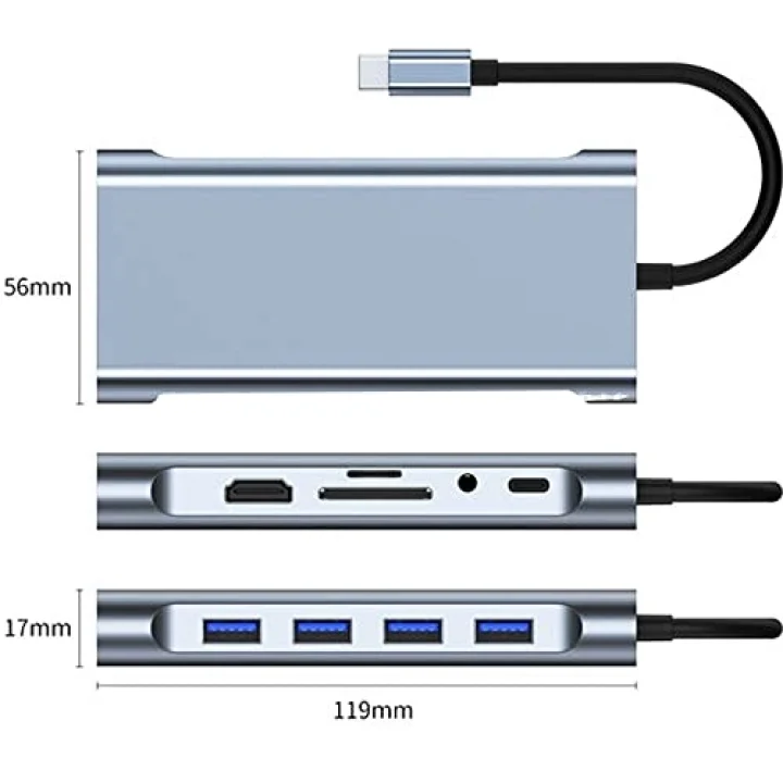 11 in 1 Type-C To USB Hub HDMI (4K),Audio/, Type-C/, 4X USB 3.0/, LAN/, VGA/, SD Card Reader Çevirici Hub 10 Port Adaptör Dönüştürücü Çoklayıcı