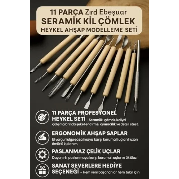 11 Parça Ebeşuar Seramik Kil Çömlek Heykel Ahşap Modelleme Oyma Seti cin657