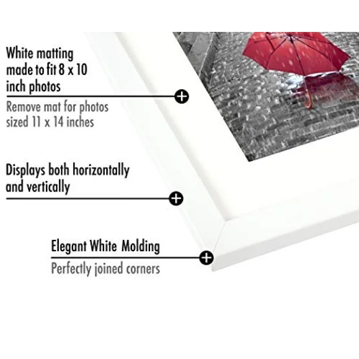(11x14, 1 Pack, White) - 28cm x 36cm White Wood Picture Frame with Glass Front; Made to Display Pictures 20cm x 25cm with Mat or 28cm x 36cm Without Mat; Hanging Hardware Included