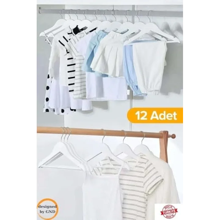 12 Adet Çocuk Elbise Askısı, Bebek Askısı, Beyaz