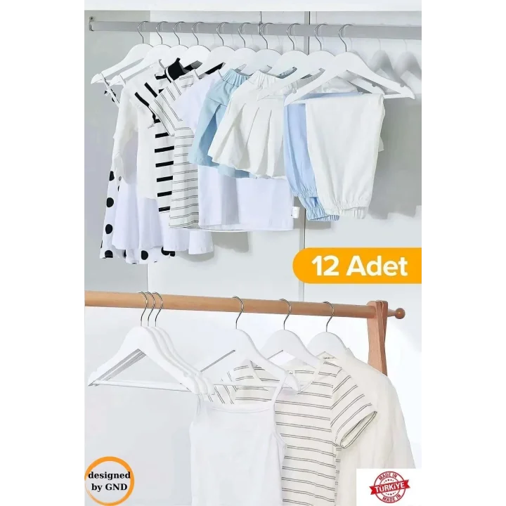 12 Adet Çocuk Elbise Askısı, Bebek Askısı, Beyaz