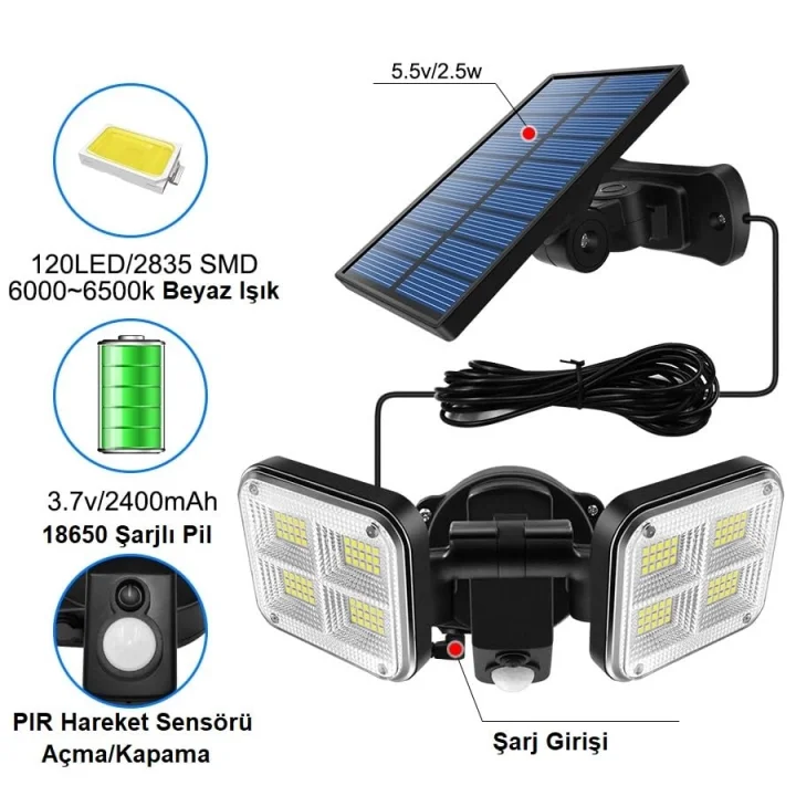 120 LED Solar Lamba 20W Güneş Enerjili Aydınlatma