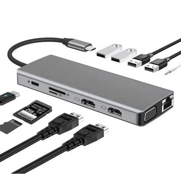 12in1 Dock Station 2 Adet HDMI Uyumlu 1000 Mbps 4K USB C Adaptörü USB 3.0 VGA RJ45 Pd Için Macbook Pro Tipi C Docking Dizüstü Yer Yapma Istasyonları Type-C Adaptör ZR610