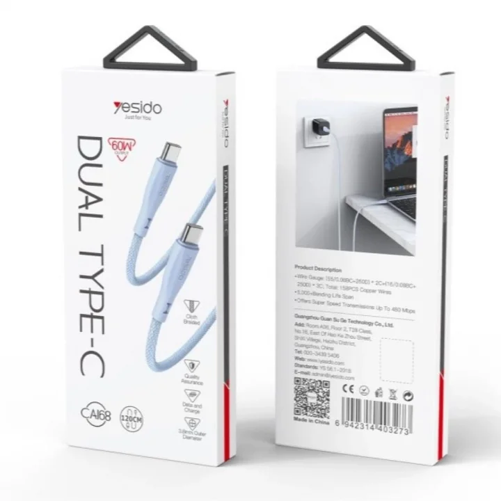 1.2M 60W Type-C to Type-C PD Hızlı Şarj Kablosu - Mavi