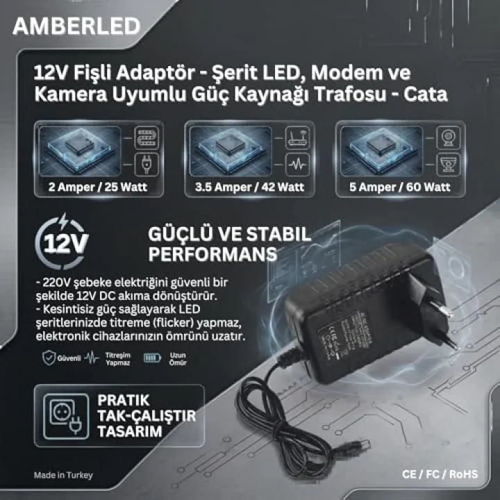 12V Fişli Adaptör 2 Amper 25 Watt - Şerit LED, Modem ve Kamera Uyumlu Güç Kaynağı Trafosu - Cata