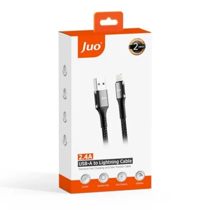 12W 2.4A USB-A to Lightning iPhone iPad ile Uyumlu Örgülü Hızlı Şarj ve Data Kablosu 2 Metre
