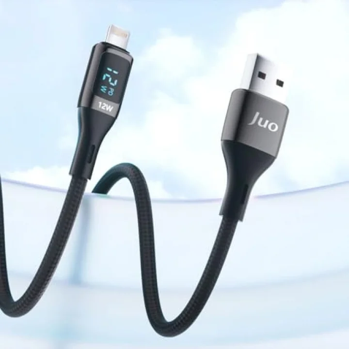 12W Dijital Led Ekranlı USB-A to Lightning iPhone iPad Örgülü Hızlı Şarj ve Data Kablosu 2 Metre
