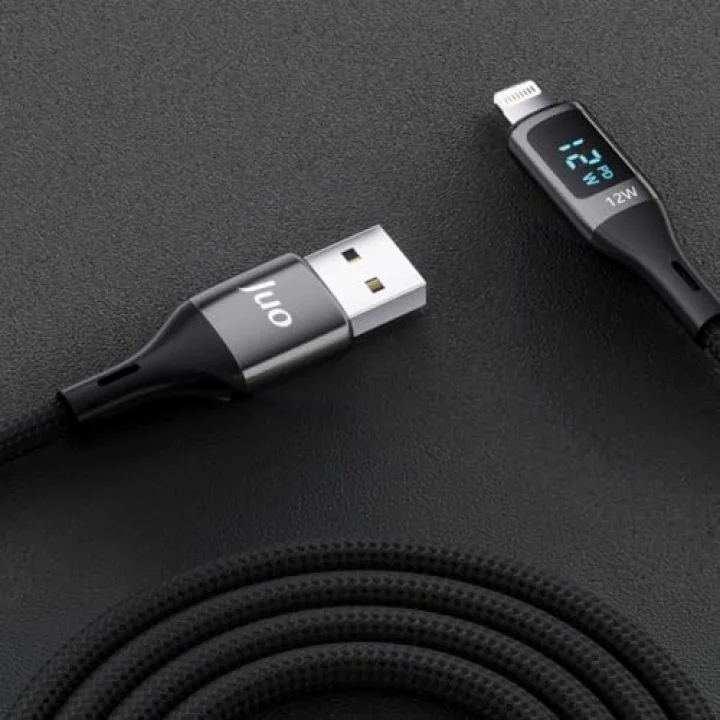 12W Dijital Led Ekranlı USB-A to Lightning iPhone iPad Örgülü Hızlı Şarj ve Data Kablosu 2 Metre