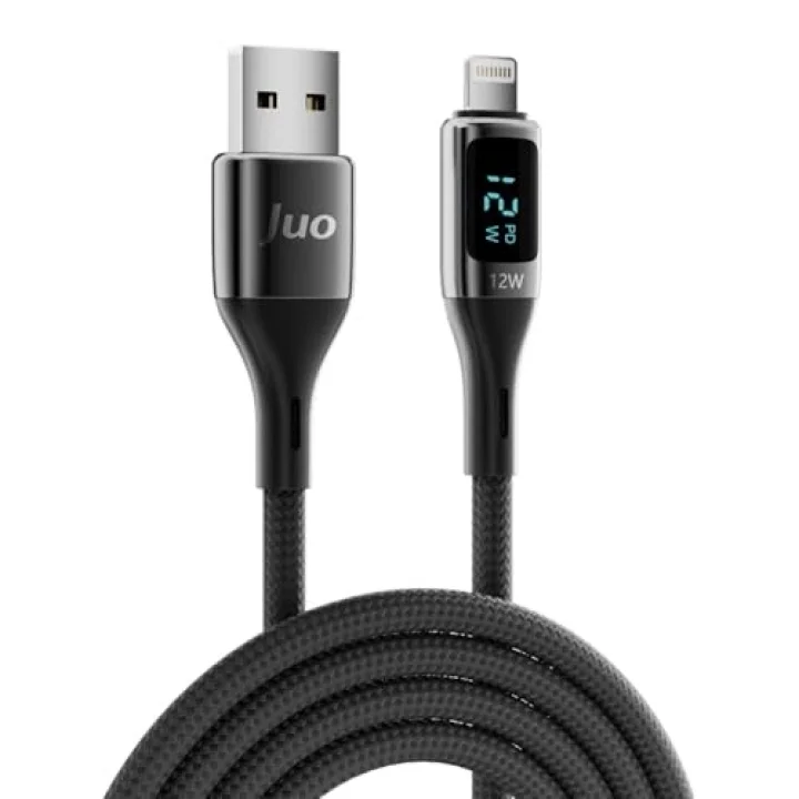 12W Dijital Led Ekranlı USB-A to Lightning iPhone iPad Örgülü Hızlı Şarj ve Data Kablosu 2 Metre