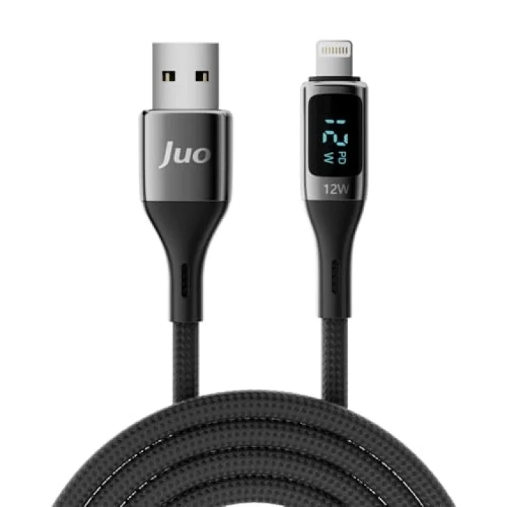 12W Dijital Led Ekranlı USB-A to Lightning iPhone iPad Örgülü Hızlı Şarj ve Data Kablosu 2 Metre