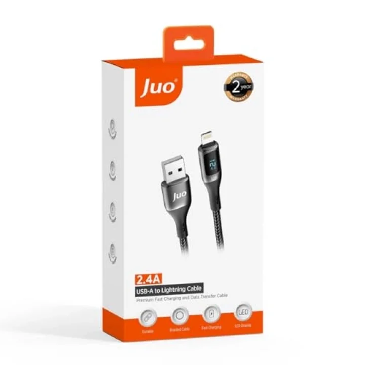12W Dijital Led Ekranlı USB-A to Lightning iPhone iPad Örgülü Hızlı Şarj ve Data Kablosu 2 Metre