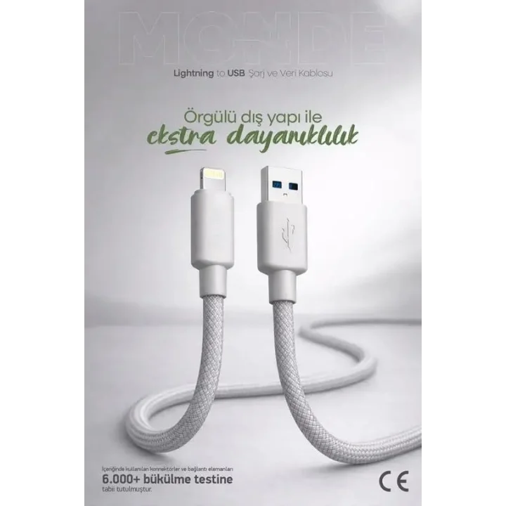 12W Monde USB-A to Lighting ile Uyumlu Şarj ve Data Kablosu 1m(12W Monde, Lighting)