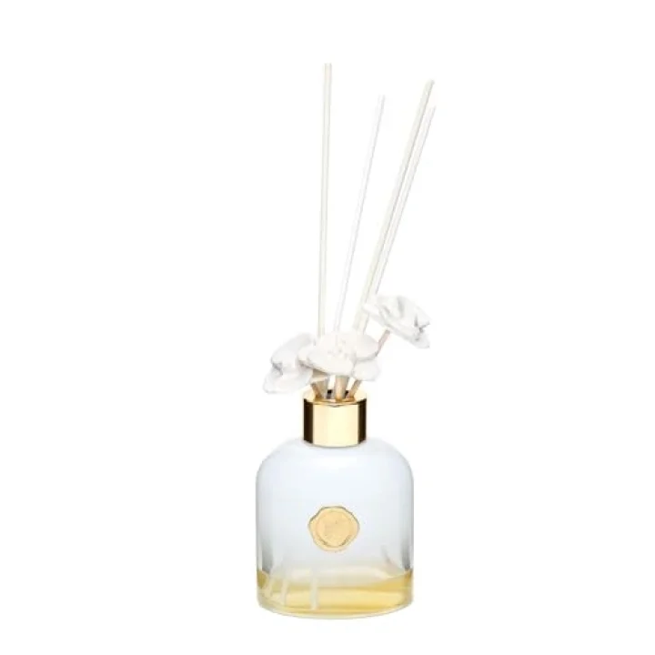 130 ml Beyaz Cam Şişe Seramik Çiçek Taşlı Bambu Çubuklu White Jasmine Oda Kokusu