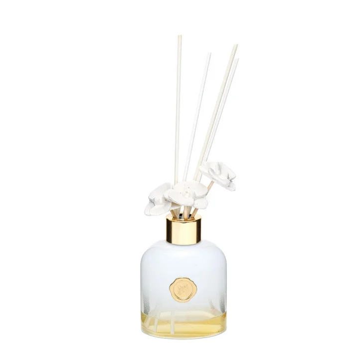 130 ml Beyaz Cam Şişe Seramik Çiçek Taşlı Bambu Çubuklu White Jasmine Oda Kokusu