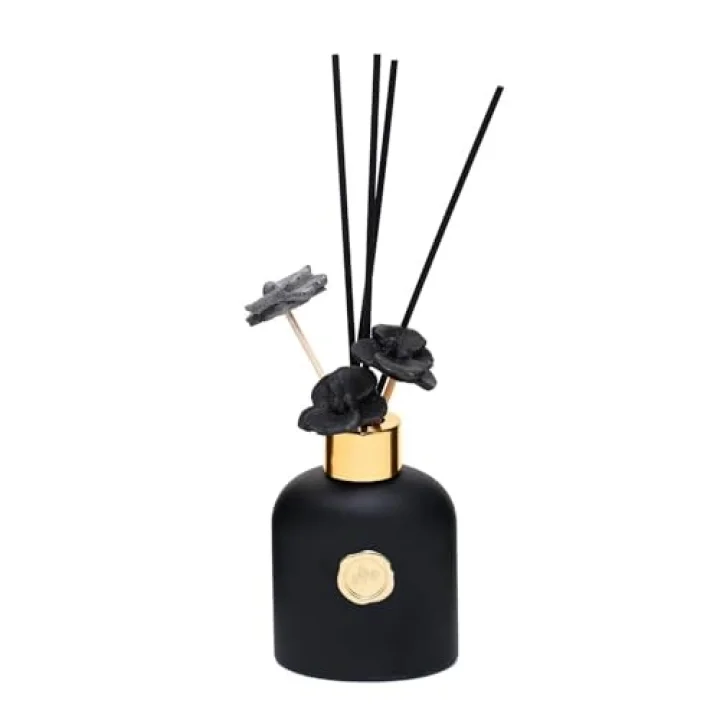 130 ml Siyah Cam Şişe Seramik Çiçek Taş Bambu Çubuklu Black Vanilya Oda Kokusu