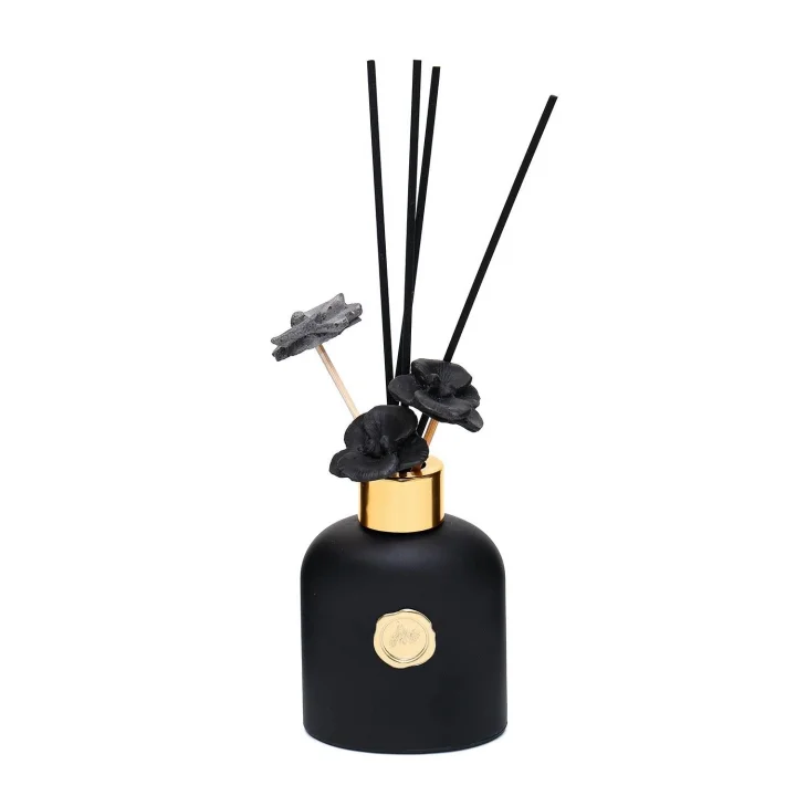 130 ml Siyah Cam Şişe Seramik Çiçek Taş Bambu Çubuklu Black Vanilya Oda Kokusu