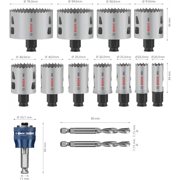 14 x PRO Multi Material Power Change Plus Delik Testeresi Seti – Şeffaf Kılıf (Yumuşak Ahşap, Alçıpan Duvar için, Ø 20 – 76 mm, Profesyonel Aksesuar Matkap/Tornavida için)
