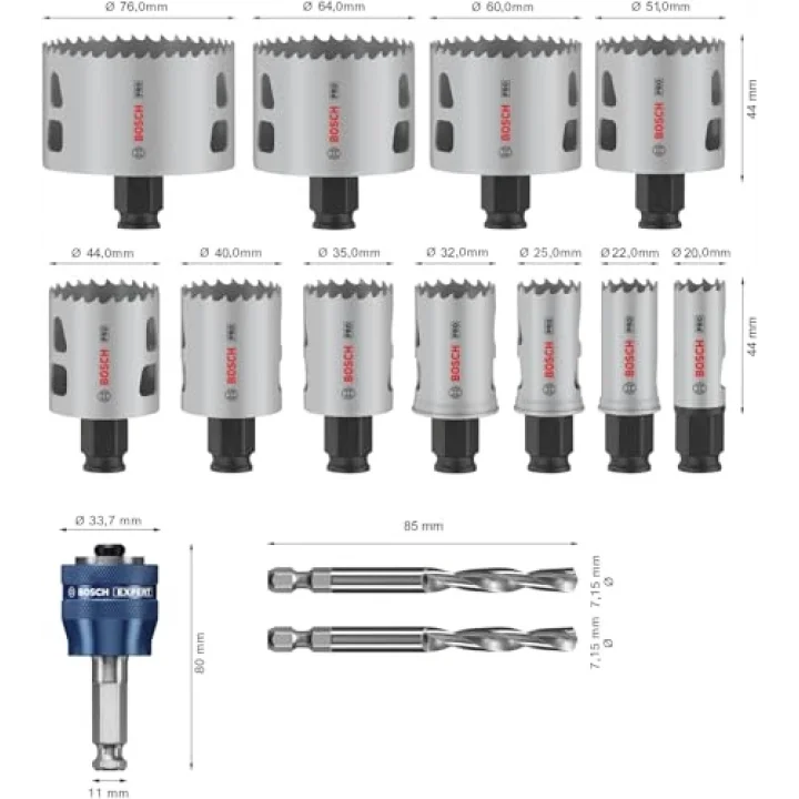 14 x PRO Multi Material Power Change Plus Delik Testeresi Seti – Şeffaf Kılıf (Yumuşak Ahşap, Alçıpan Duvar için, Ø 20 – 76 mm, Profesyonel Aksesuar Matkap/Tornavida için)