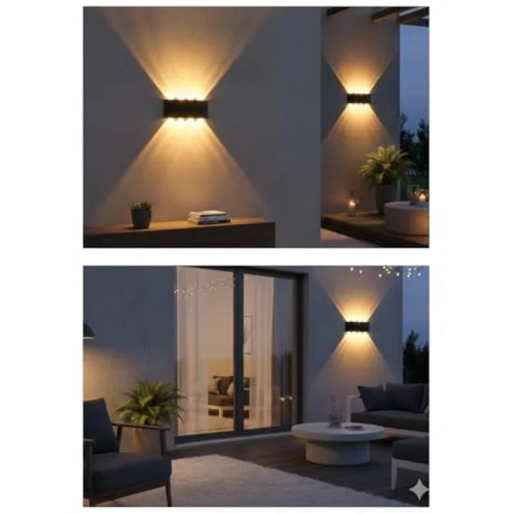 15W Dekoratif Çift Yönlü LED Duvar Apliği - 8 LED’li Modern Tasarım, Cata Kapri Dış ve İç Mekan Aydınlatma Lambası, (Siyah Kasa) (Amber Renk Işık)