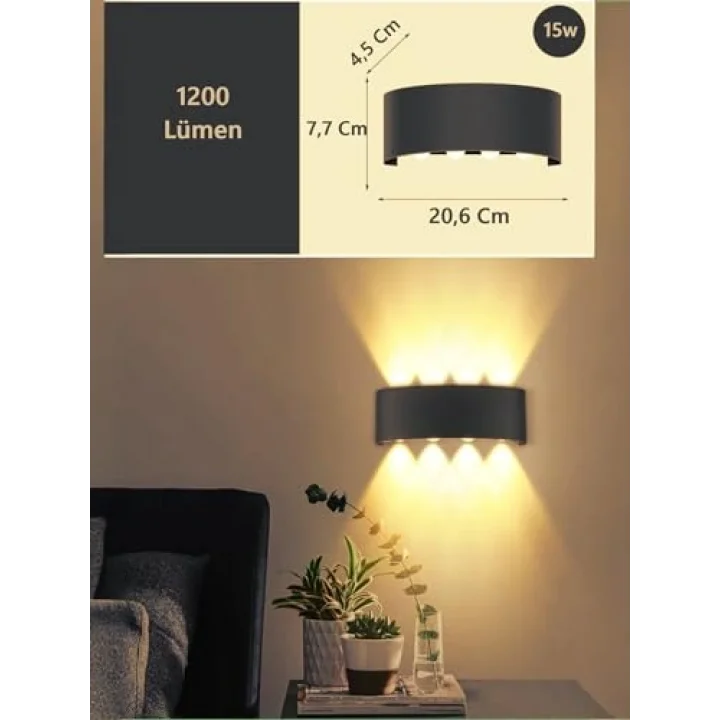 15W Dekoratif Çift Yönlü LED Duvar Apliği - 8 LED’li Modern Tasarım, Cata Kapri Dış ve İç Mekan Aydınlatma Lambası, (Siyah Kasa) (Amber Renk Işık)