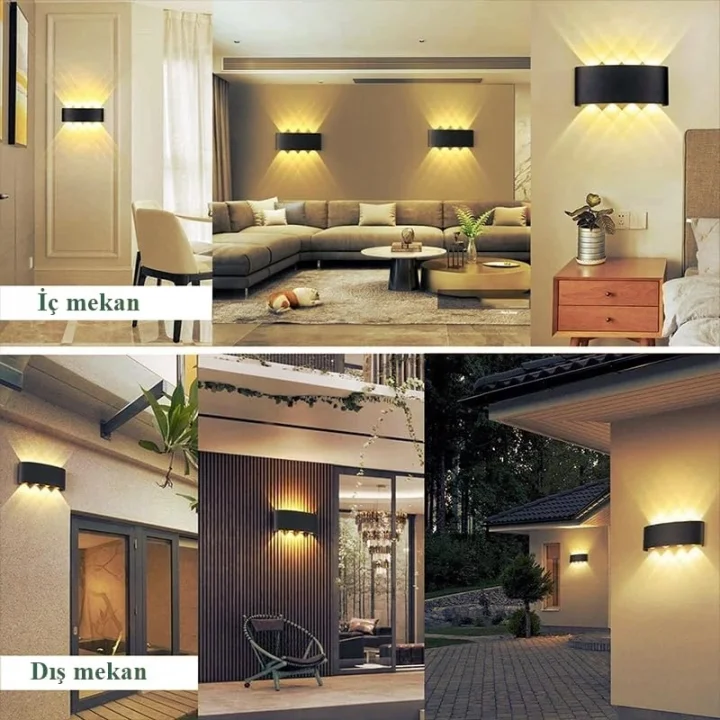 15W Dekoratif Çift Yönlü LED Duvar Apliği - 8 LED’li Modern Tasarım, Cata Kapri Dış ve İç Mekan Aydınlatma Lambası, (Siyah Kasa) (Amber Renk Işık)