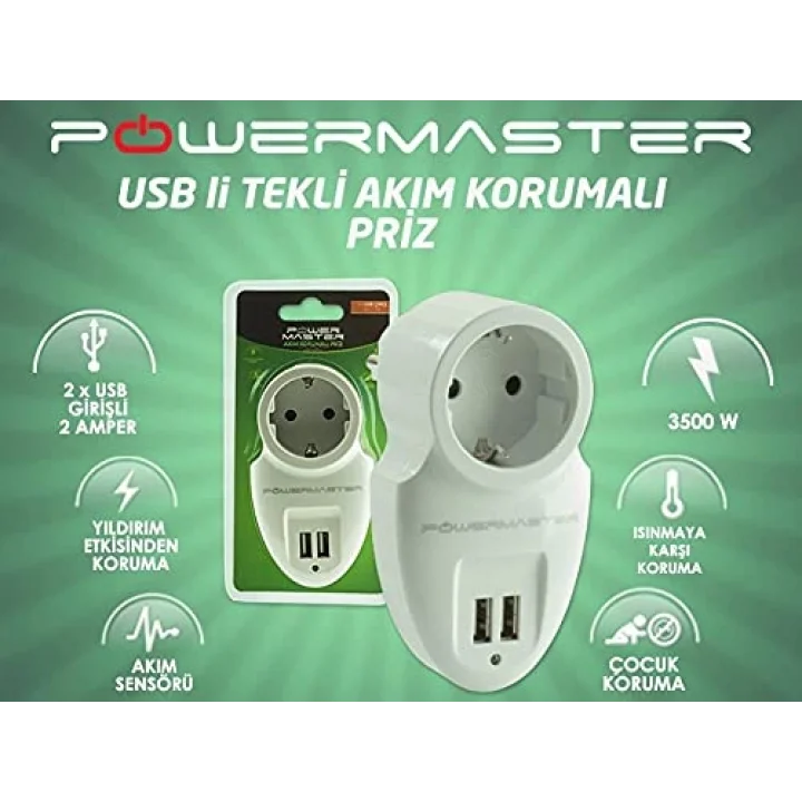 16A-3500W Çift Usbli Tekli Akim Korumali Priz (79 X 155 Mm)