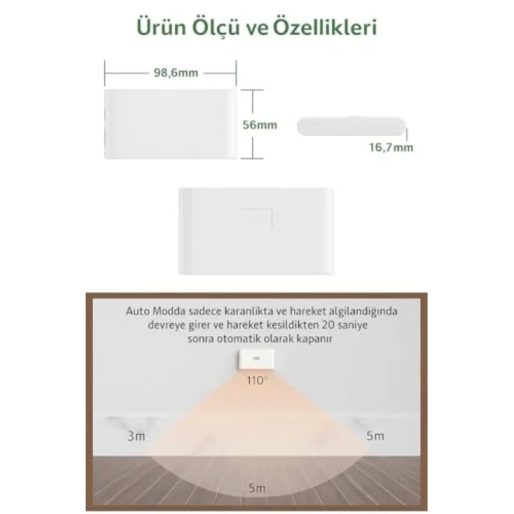 2 Adet Beril İki Yönlü Sensörlü Şarjlı LED Aplik, 5W 2700K Sıcak Işık, DC 5V, 110° Hareket Algılama, 3-5m Sensör Mesafesi, 20 Saat Sabit Işık Süresi, Otomatik/Manuel Modlu – ABS Gövde