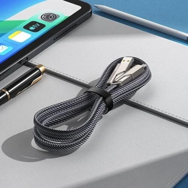 2 in 2 65w USB Type-C ve Lighting ile Uyumlu Örgülü Şarj Ve Data Kablosu - 1.5m Siyah AZ-B10th (CAR PLAY DESTEKLER)