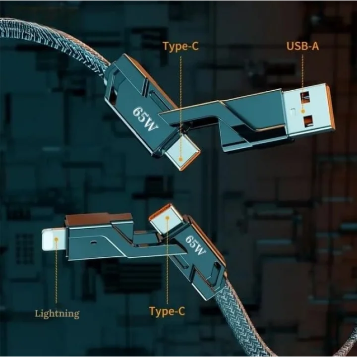 2 in 2 65w USB Type-C ve Lighting ile Uyumlu Örgülü Şarj Ve Data Kablosu - 1.5m Siyah AZ-B10th (CAR PLAY DESTEKLER)