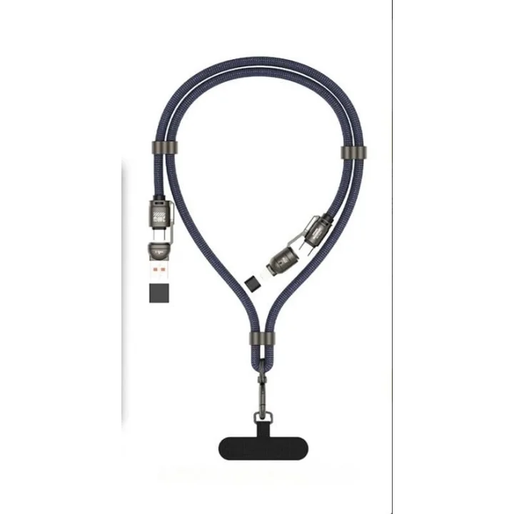 2 in 2 USB-A, Type-C to Type-C, Lighting ile Uyumlu Boyun Askılı Turbo Şarj ve Data Kablosu Lacivert 1.5m MT2515L