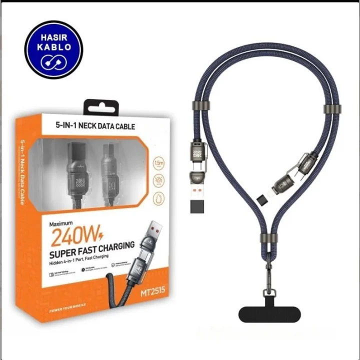 2 in 2 USB-A, Type-C to Type-C, Lighting ile Uyumlu Boyun Askılı Turbo Şarj ve Data Kablosu Lacivert 1.5m MT2515L