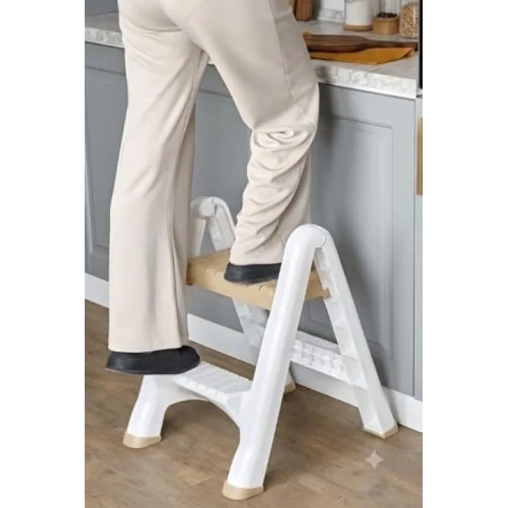 2 Katlı Katlanır Merdiven Tabure, Kaydırmaz Tabanlı, 200 kg Kapasiteli (KREM)