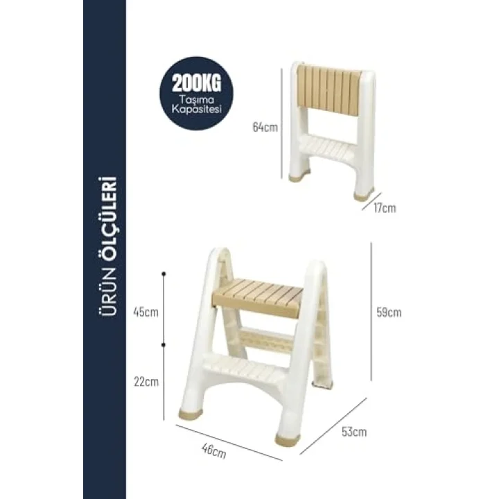 2 Katlı Katlanır Merdiven Tabure, Kaydırmaz Tabanlı, 200 kg Kapasiteli (KREM)