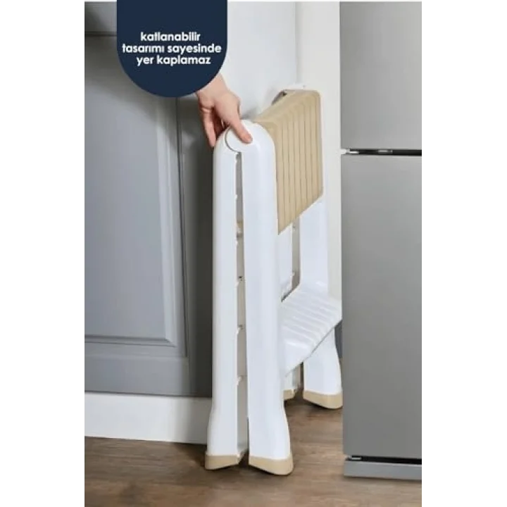 2 Katlı Katlanır Merdiven Tabure, Kaydırmaz Tabanlı, 200 kg Kapasiteli (KREM)