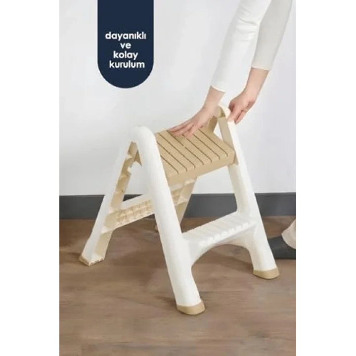 2 Katlı Katlanır Merdiven Tabure, Kaydırmaz Tabanlı, 200 kg Kapasiteli (KREM)