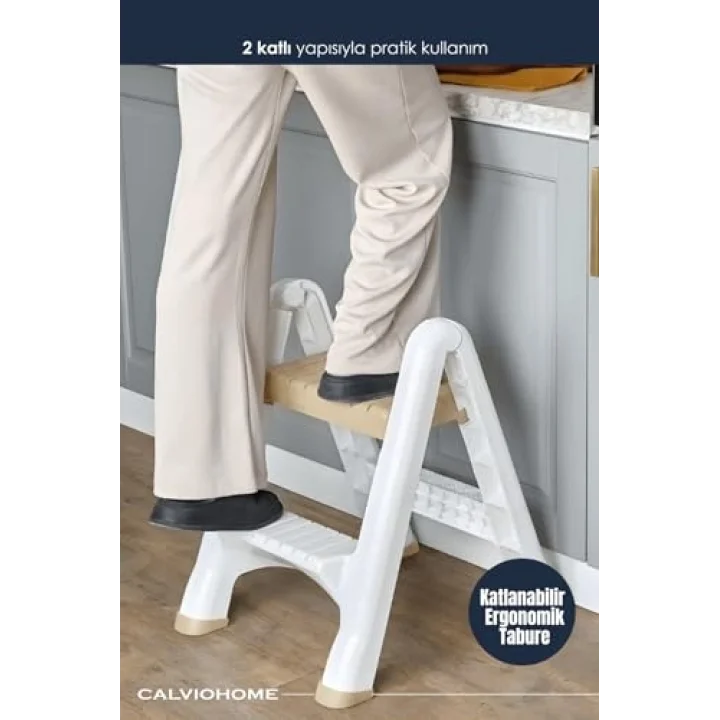 2 Katlı Katlanır Merdiven Tabure, Kaydırmaz Tabanlı, 200 kg Kapasiteli (KREM)