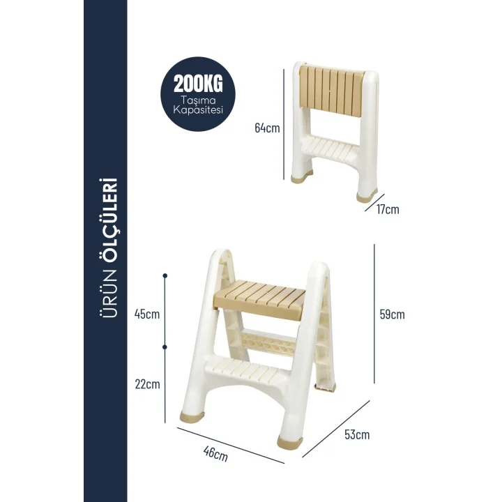 2 Katlı Katlanır Merdiven Tabure, Kaydırmaz Tabanlı, 200 kg Kapasiteli (KREM)