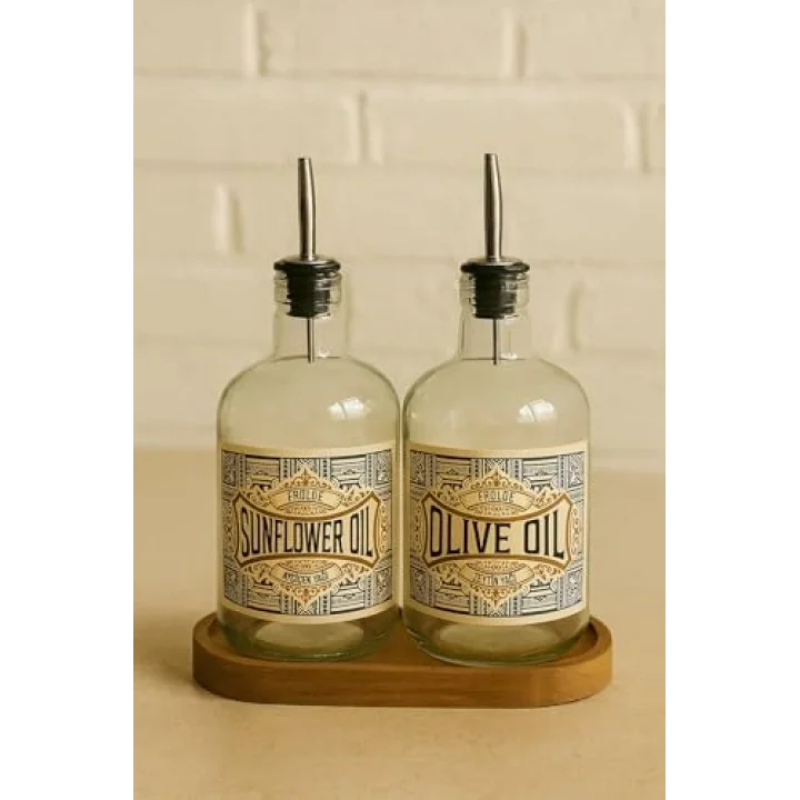 2li Ahşap Stantlı ÇelikTıpalı 750 ml Cam Ayçiçek Yağı Zeytinyağı Şişesi Yağdanlık Vintage Retro (AT) (FROLDEAT)