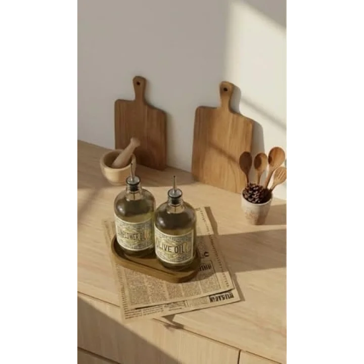 2li Ahşap Stantlı ÇelikTıpalı 750 ml Cam Ayçiçek Yağı Zeytinyağı Şişesi Yağdanlık Vintage Retro (AT) (FROLDEAT)