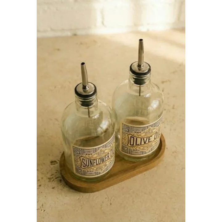 2li Ahşap Stantlı ÇelikTıpalı 750 ml Cam Ayçiçek Yağı Zeytinyağı Şişesi Yağdanlık Vintage Retro (AT) (FROLDEAT)