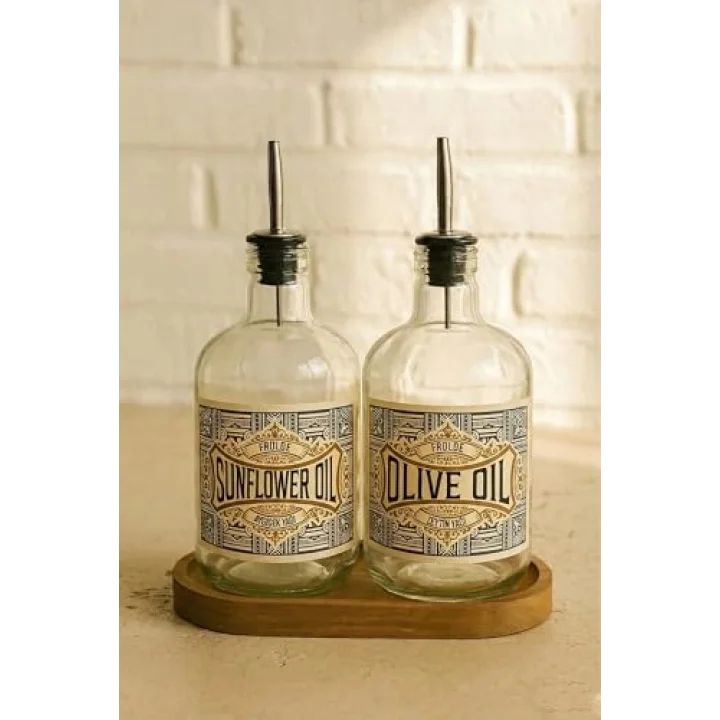 2li Ahşap Stantlı ÇelikTıpalı 750 ml Cam Ayçiçek Yağı Zeytinyağı Şişesi Yağdanlık Vintage Retro (AT) (FROLDEAT)