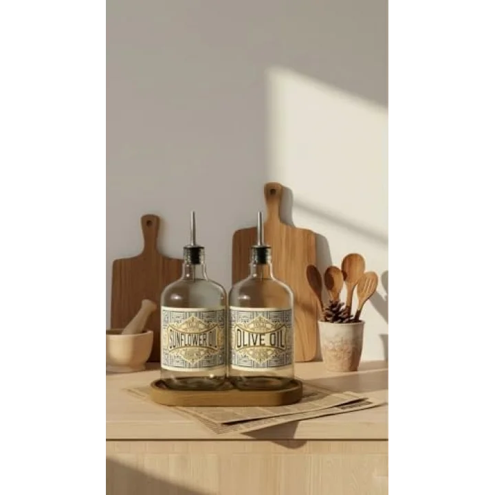 2li Ahşap Stantlı ÇelikTıpalı 750 ml Cam Ayçiçek Yağı Zeytinyağı Şişesi Yağdanlık Vintage Retro (AT) (FROLDEAT)