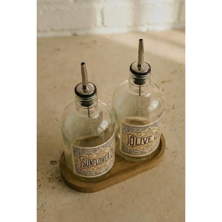 2li Ahşap Stantlı ÇelikTıpalı 750 ml Cam Ayçiçek Yağı Zeytinyağı Şişesi Yağdanlık Vintage Retro (AT) (FROLDEAT)