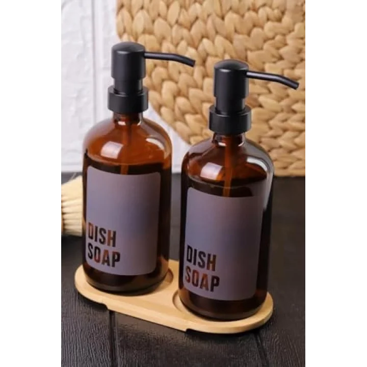 2li Amber Cam Sıvı Sabunluk Seti Standlı Gri Etiketli