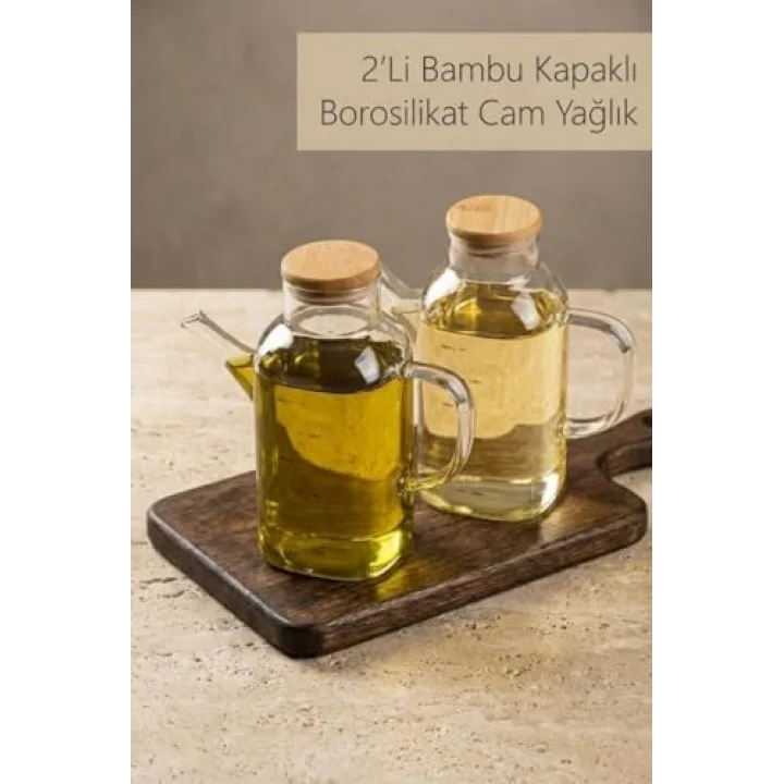 2Li Bambu Kapaklı Borosilikat Cam 600 ML Yağlık Seti