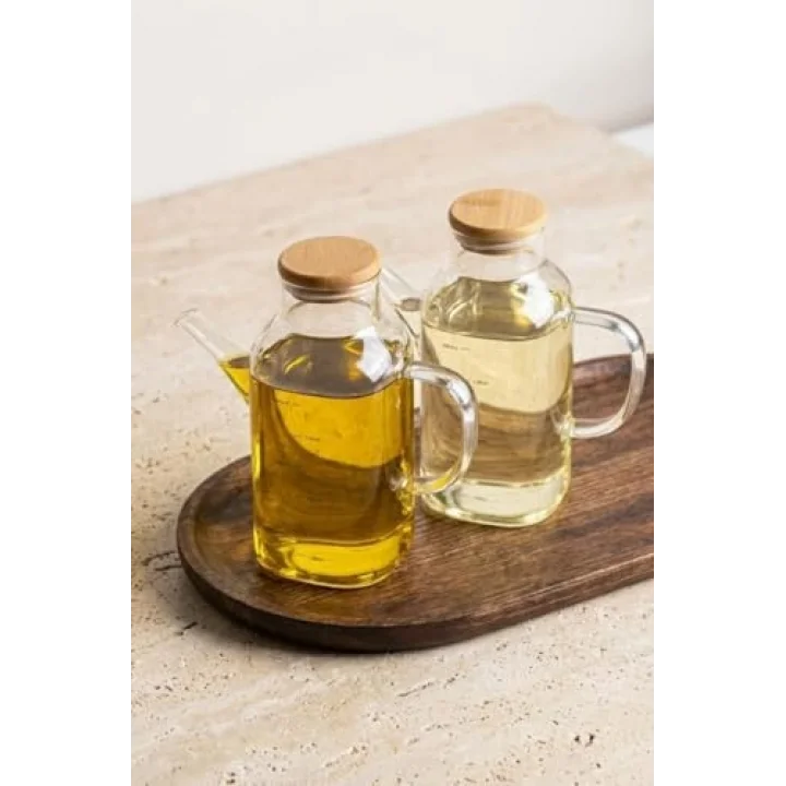 2Li Bambu Kapaklı Borosilikat Cam 600 ML Yağlık Seti